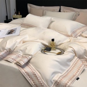 Hot selling solid quilt cover embroidered fitted sheets flat sheet 100% cotton home textile 4-pieces bedding set supplier