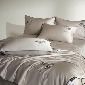 Hot selling sateen lyocell 4-pieces textile ODM coverlets khaki bedsheets simple style bed linen embroidery bedding set wholesaler