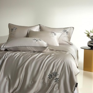 Hot selling sateen lyocell 4-pieces textile ODM coverlets khaki bedsheets simple style bed linen embroidery bedding set wholesaler