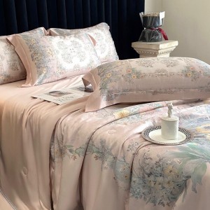 High-End pink printing comforter set lyocell bedsheets queen king size coverlets with 2 soft pillowslips bedding set supplier