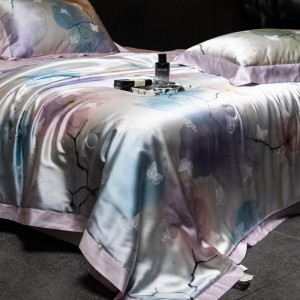 Hot selling sateen lyocell cotton 4-pieces textile ODM coverlets printing bedsheets simple style bed linen pink bedding set wholesaler