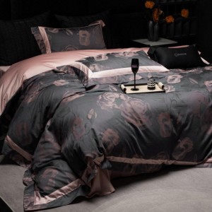 High grade 4-pieces textile jacquard 2m/2.2m black bedsheet flat sheets 1.8m quilt cover premium cotton bedding set manufacture