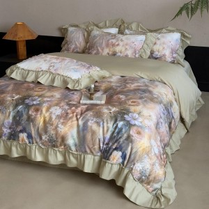 100% cotton home hotel textile green printing comforter cover with 2 high-end pillowcases coverlets ruffles bedding set manufacture