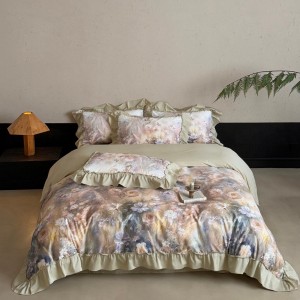 100% cotton home hotel textile green printing comforter cover with 2 high-end pillowcases coverlets ruffles bedding set manufacture