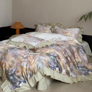 100% cotton home hotel textile green printing comforter cover with 2 high-end pillowcases coverlets ruffles bedding set manufacture