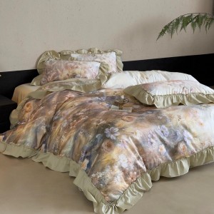 100% cotton home hotel textile green printing comforter cover with 2 high-end pillowcases coverlets ruffles bedding set manufacture