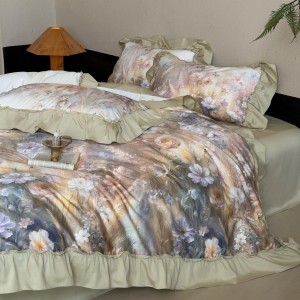 100% cotton home hotel textile green printing comforter cover with 2 high-end pillowcases coverlets ruffles bedding set manufacture