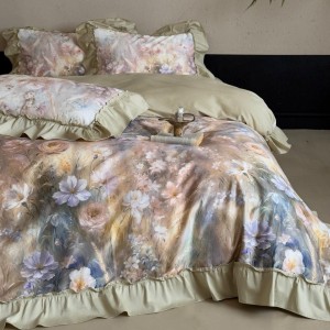 100% cotton home hotel textile green printing comforter cover with 2 high-end pillowcases coverlets ruffles bedding set manufacture