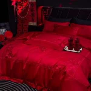 Custom 1800 Egyptian Cotton Satin Embroidered Duvet Cover Red Bed Sheets Wedding 4PCS Bedding Set