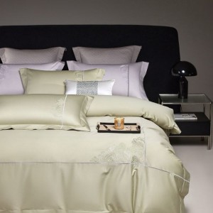 120S satin long staple cotton embroidery duvet quilt cover bed sheets pillowcases light green 4pcs bedding set