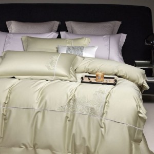 120S satin long staple cotton embroidery duvet quilt cover bed sheets pillowcases light green 4pcs bedding set