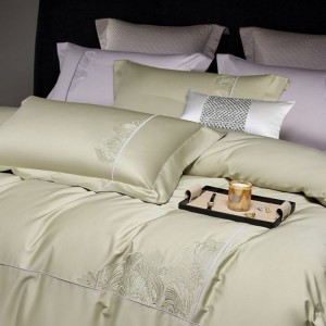 120S satin long staple cotton embroidery duvet quilt cover bed sheets pillowcases light green 4pcs bedding set