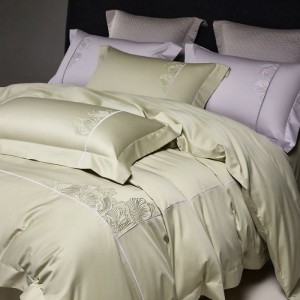 120S satin long staple cotton embroidery duvet quilt cover bed sheets pillowcases light green 4pcs bedding set