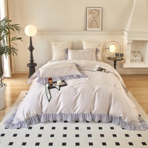 High-quality purple ruffles cotton quilt cover warm bed linen queen size bedding set wholesaler