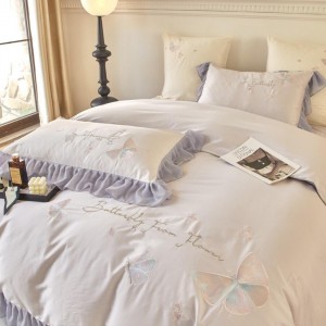 High-quality purple ruffles cotton quilt cover warm bed linen queen size bedding set wholesaler