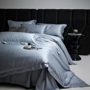 Blue grey jacquard duvet cover bed sheets long staple cotton bedding set