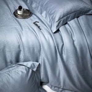 Blue grey jacquard duvet cover bed sheets long staple cotton bedding set