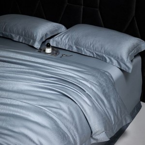 Blue grey jacquard duvet cover bed sheets long staple cotton bedding set