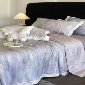 60S lyocell digital printing summer quilt bed sheets purple bedding set