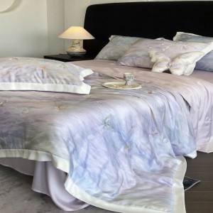 60S lyocell digital printing summer quilt bed sheets purple bedding set