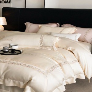 Light pink embroidery quilt duvet cover bed sheets queen king long staple cotton bedding set