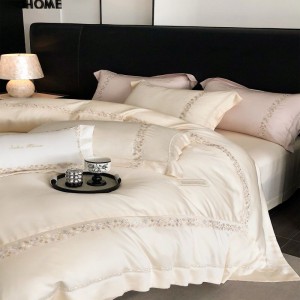 Light pink embroidery quilt duvet cover bed sheets queen king long staple cotton bedding set