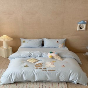 100S Pure Cotton Brushed Cartoon Towel Embroidery Duvet Comforter Cover Blue Bed Sheets Children Bedding Set