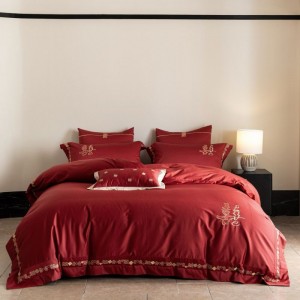 500TC long staple cotton red duvet cover bed sheets gold embroidery wedding 4 pieces bedding set