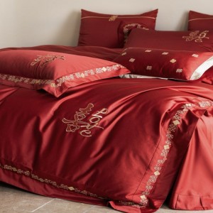500TC long staple cotton red duvet cover bed sheets gold embroidery wedding 4 pieces bedding set