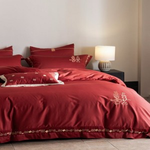500TC long staple cotton red duvet cover bed sheets gold embroidery wedding 4 pieces bedding set