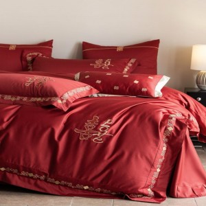 500TC long staple cotton red duvet cover bed sheets gold embroidery wedding 4 pieces bedding set