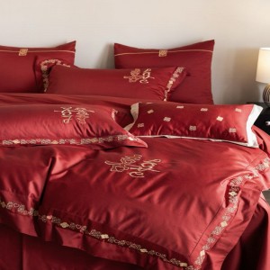500TC long staple cotton red duvet cover bed sheets gold embroidery wedding 4 pieces bedding set