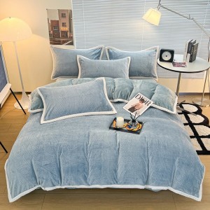 High Gram Weight 3d Engraving 4pcs Home Hotel Textiles Blue Milk Velvet Comforter Duvet Cover Bedding Set Supplier