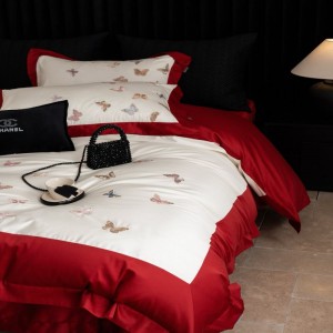 Beautiful embroidery duvet quilt cover red light luxury long staple cotton bedding set with 2 pillowcases bed sheets