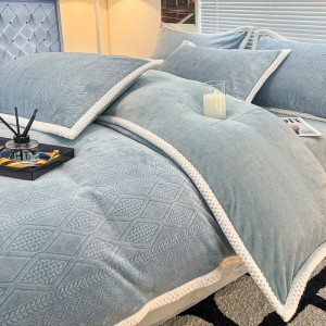 High Gram Weight 3d Engraving 4pcs Home Hotel Textiles Blue Milk Velvet Comforter Duvet Cover Bedding Set Supplier