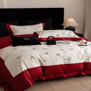 Beautiful embroidery duvet quilt cover red light luxury long staple cotton bedding set with 2 pillowcases bed sheets