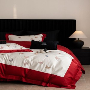 Beautiful embroidery duvet quilt cover red light luxury long staple cotton bedding set with 2 pillowcases bed sheets
