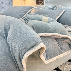 High Gram Weight 3d Engraving 4pcs Home Hotel Textiles Blue Milk Velvet Comforter Duvet Cover Bedding Set Supplier