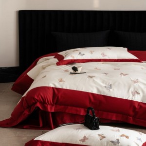 Beautiful embroidery duvet quilt cover red light luxury long staple cotton bedding set with 2 pillowcases bed sheets