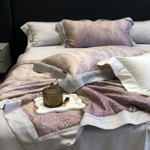 Purple digital printing quilts lyocell lace hollow summer quilt bed sheets bedding set