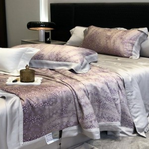 Purple digital printing quilts lyocell lace hollow summer quilt bed sheets bedding set