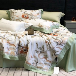 High grade digital printing summer quilt lyocell bed sheets pillowcases green floral bedding set