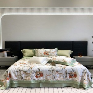 High grade digital printing summer quilt lyocell bed sheets pillowcases green floral bedding set