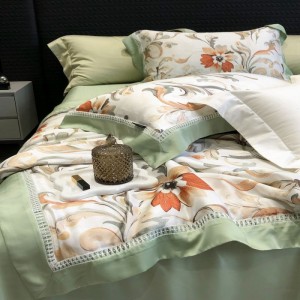 High grade digital printing summer quilt lyocell bed sheets pillowcases green floral bedding set