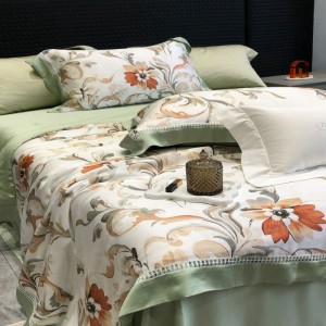 High grade digital printing summer quilt lyocell bed sheets pillowcases green floral bedding set