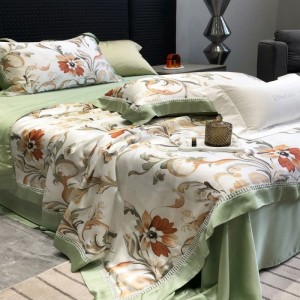 High grade digital printing summer quilt lyocell bed sheets pillowcases green floral bedding set
