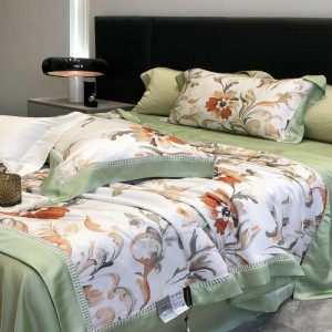 High grade digital printing summer quilt lyocell bed sheets pillowcases green floral bedding set