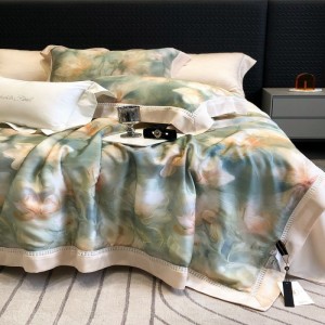 Beautiful green lyocell digital printing summer quilt cooling bed sheets bedding set