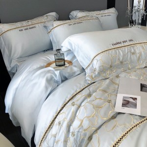 Hot selling blue quilt cover embroidered fitted sheets flat sheet 100% cotton home textile 4-pieces bedding set supplier