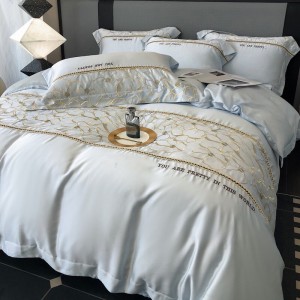Hot selling blue quilt cover embroidered fitted sheets flat sheet 100% cotton home textile 4-pieces bedding set supplier